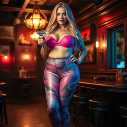 A full-length photographic image of a sexy and beautiful ultra-curvy woman with long blonde hair and striking crystal blue eyes