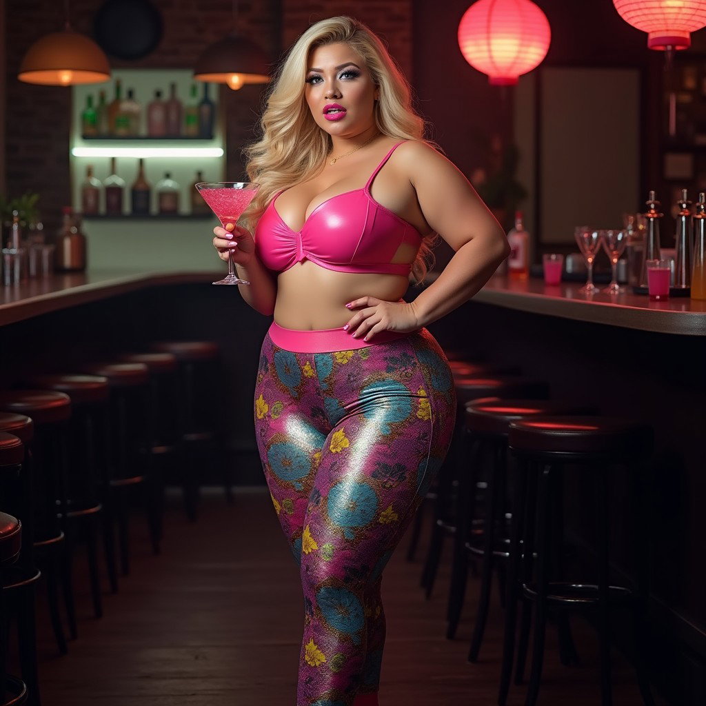 A full-length photographic image of an alluring and beautiful ultra-curvy woman with long, luxurious blonde hair and striking crystal blue eyes