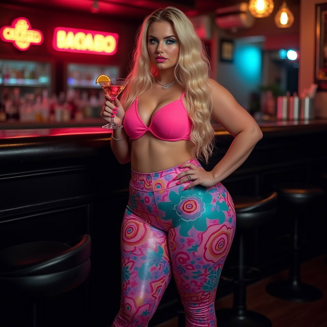 A full-length photographic image of a gorgeous and enticing ultra-curvy young woman, characterized by her long blonde hair and striking crystal blue eyes