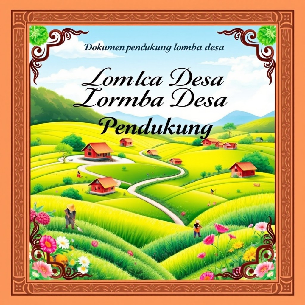A visually striking cover page for a 'Dokumen Pendukung Lomba Desa', featuring a picturesque rural village scene