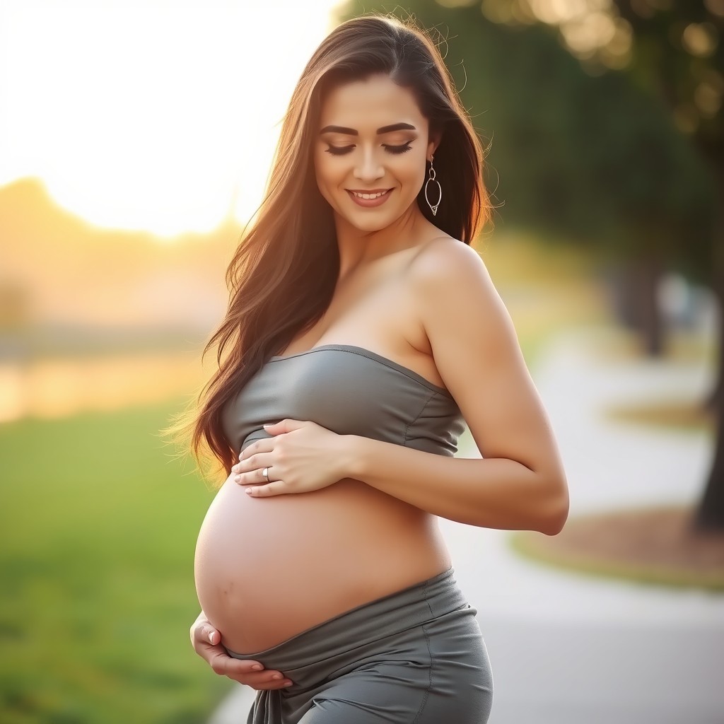 A beautiful, poised pregnant woman with a slender figure, showcasing her baby bump gracefully