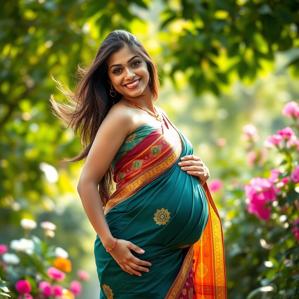 A beautiful, slender pregnant Indian woman with a radiant smile, showcasing her baby bump with grace