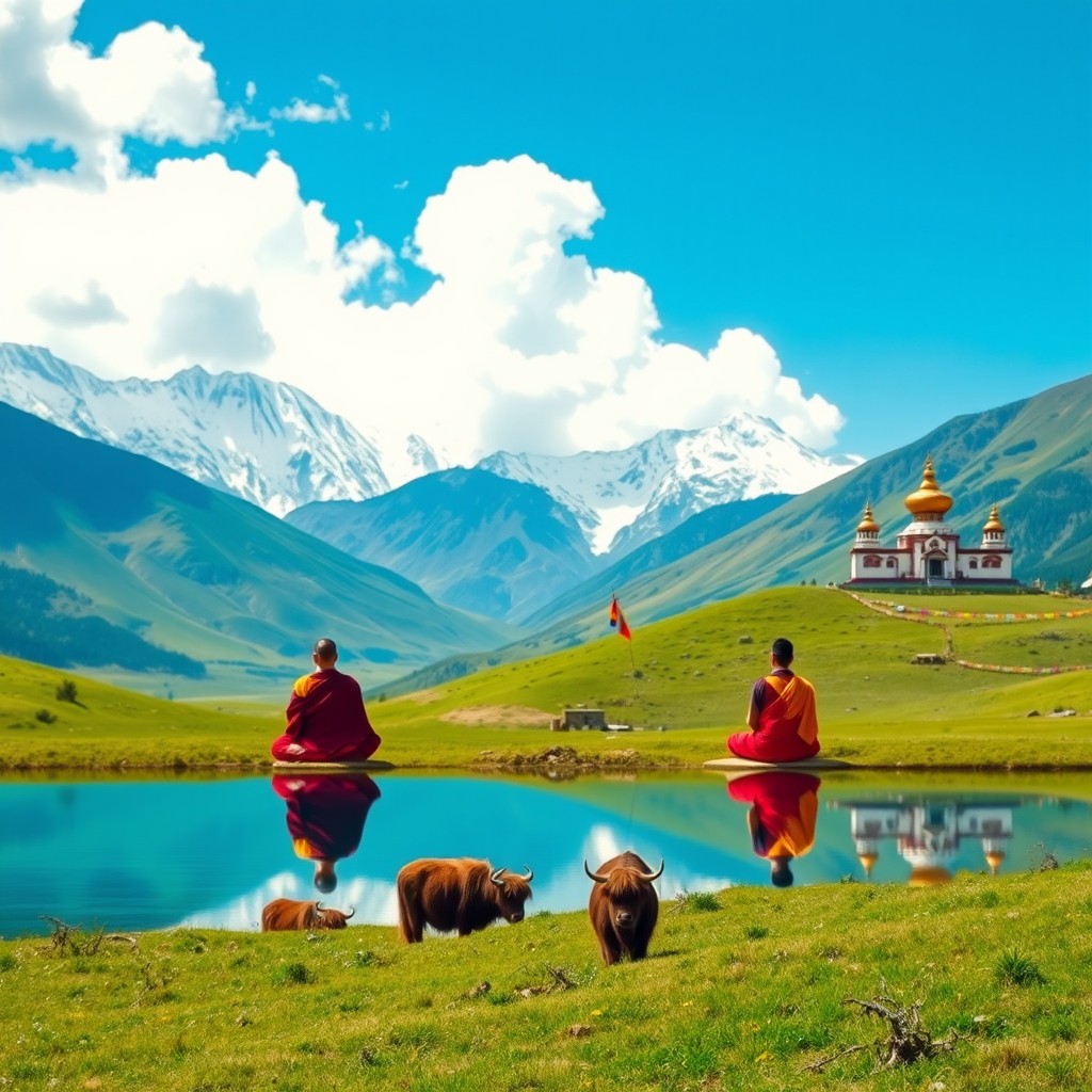 A serene landscape of a Tibetan plateau, featuring majestic snow-capped mountains in the background, vibrant green valleys, and traditional Tibetan Buddhist stupas