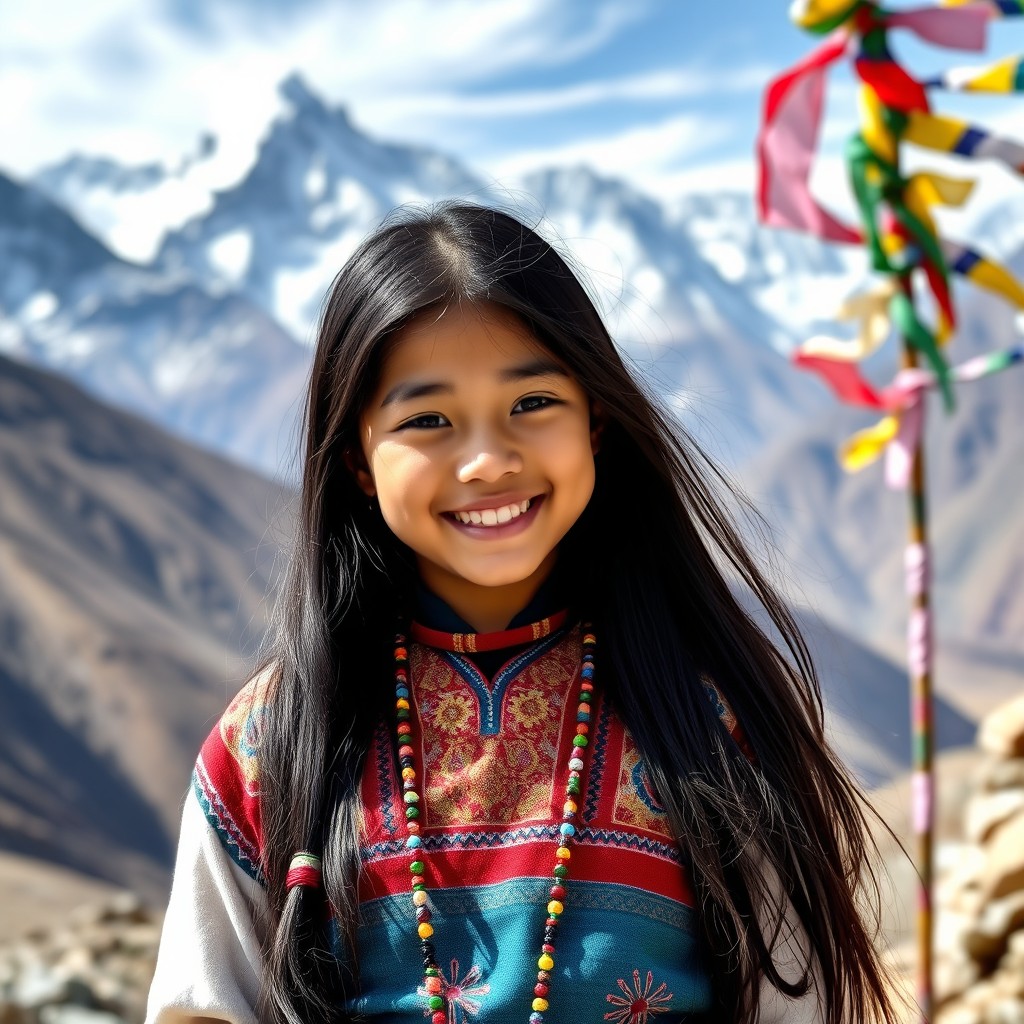 A beautiful young Tibetan girl wearing traditional clothing, standing amidst the stunning landscape of the Himalayas