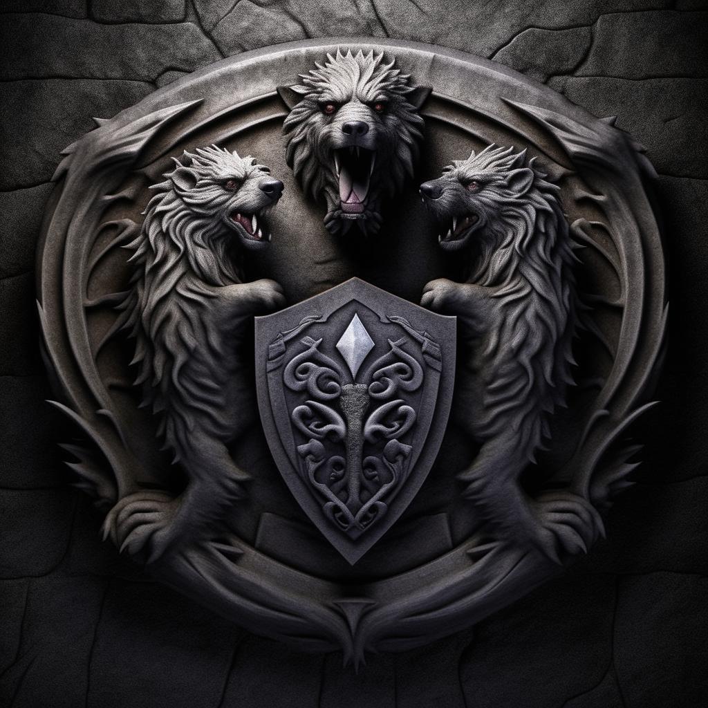 A realistic, dark grey stone background with a center emblem of the mythical three-headed dog, Cerberus, designed in the style of the House Targaryen emblem from Game of Thrones.