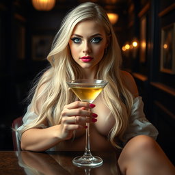 A captivating full-length photographic image of a sexy and beautiful 18-year-old girl, characterized by her ultra-curvy and voluptuous figure and thin face, with long, flowing blonde hair