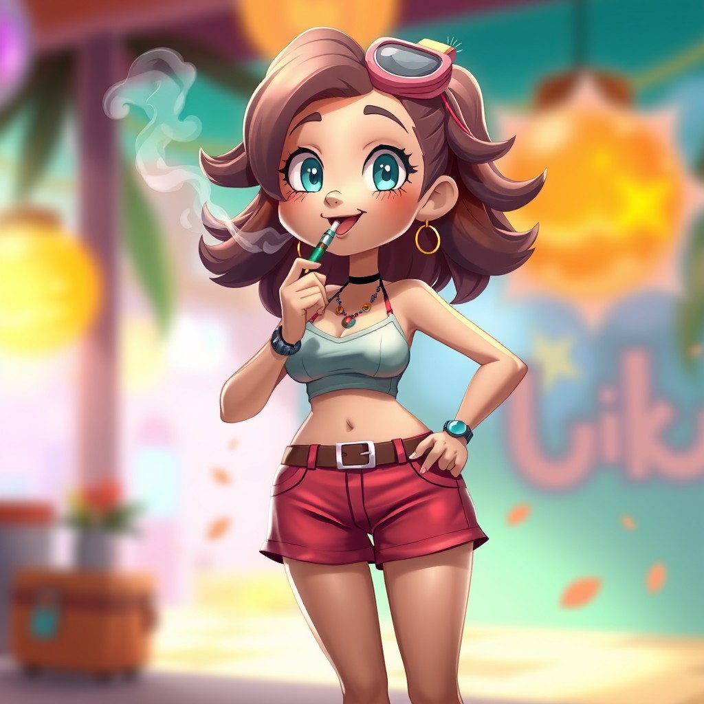 A fictional character resembling a femaleFixik, named Simka, depicted in short shorts, smoking an electronic cigarette