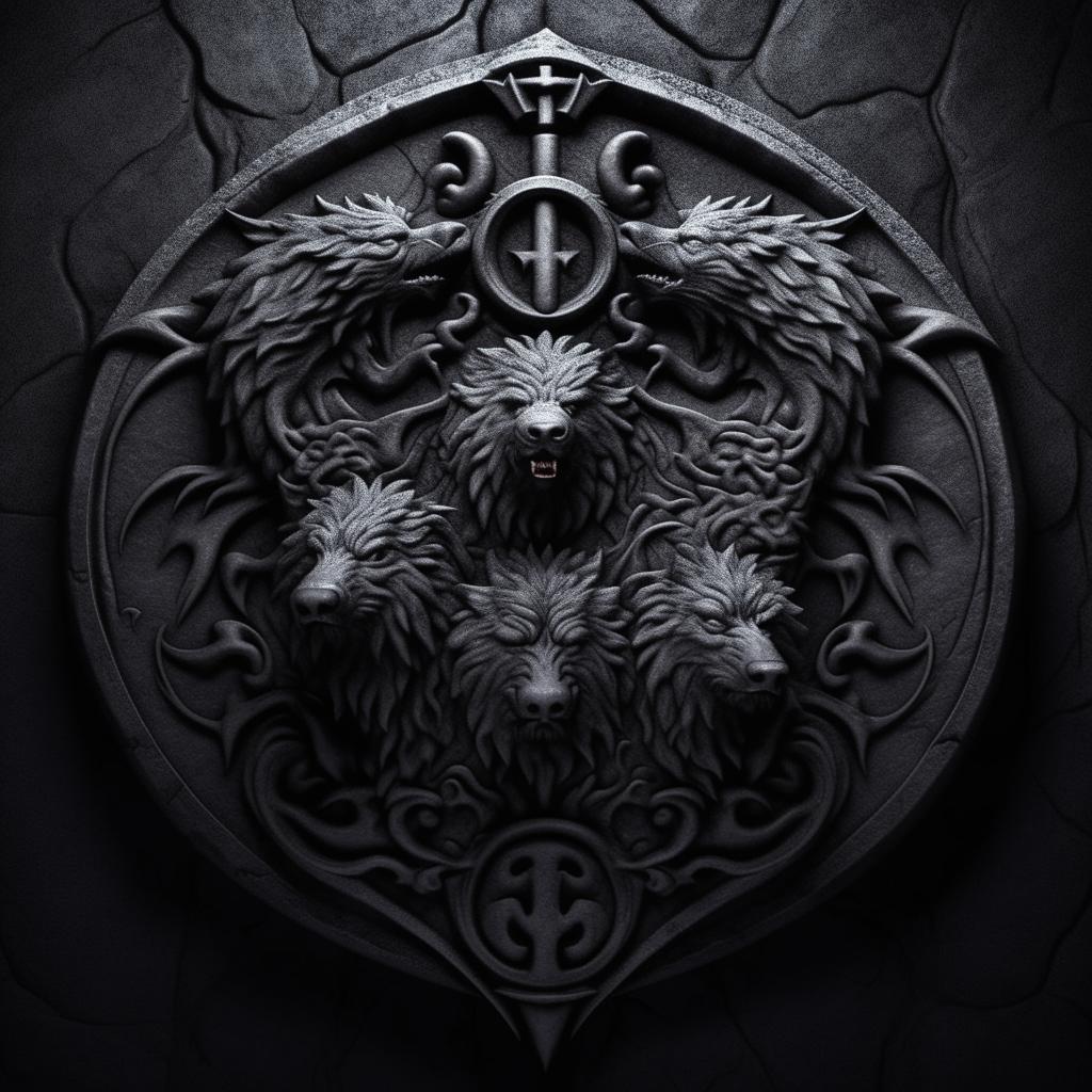 A realistic, dark grey stone background with a center emblem of the mythical three-headed dog, Cerberus, designed in the style of the House Targaryen emblem from Game of Thrones.