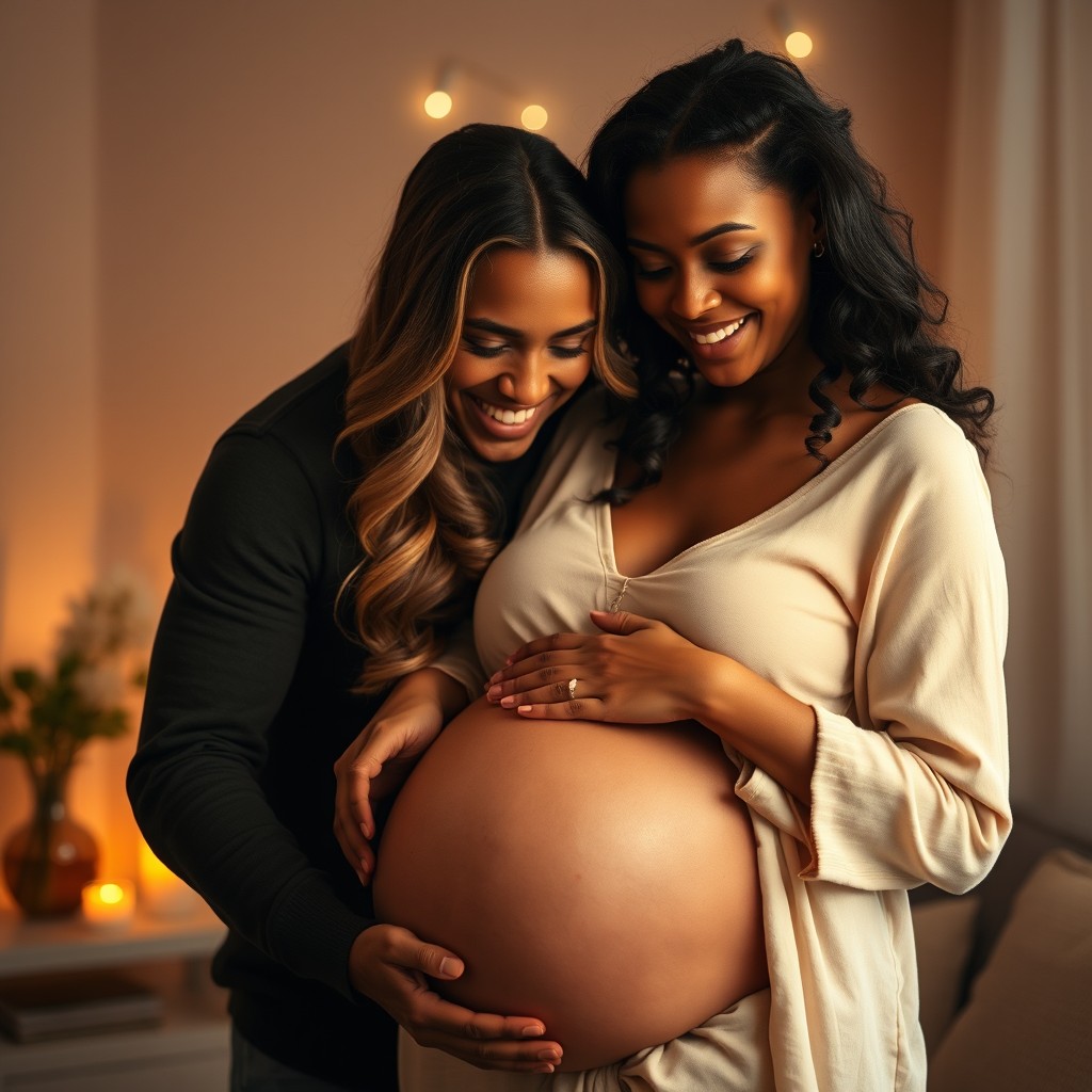 An intimate and affectionate scene featuring a beautiful interracial couple, showcasing a pregnant white woman and her loving black partner