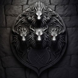 A realistic, dark grey stone background with a center emblem of the mythical three-headed dog, Cerberus, designed in the style of the House Targaryen emblem from Game of Thrones.