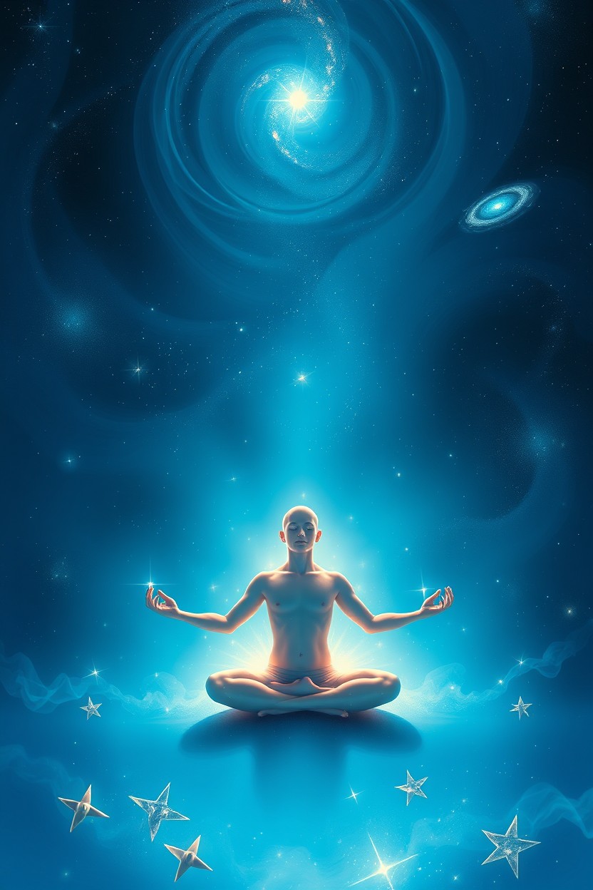 A beautiful digital painting art piece depicting the concept of yoga, featuring a serene human figure in a vibrant blue universe