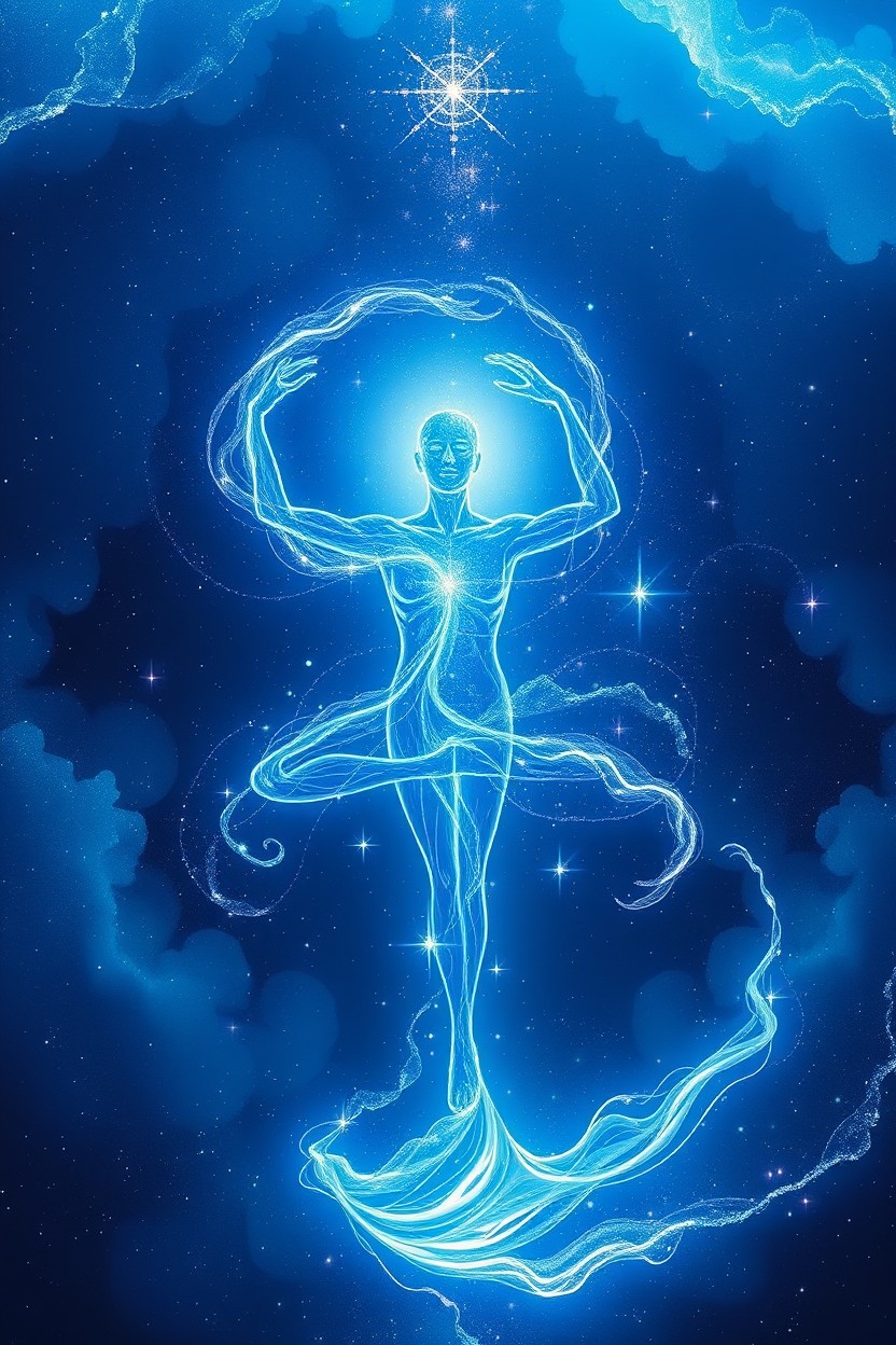A stunning digital painting of a human figure in a serene yoga pose, surrounded by a vast blue universe filled with stars and ethereal light