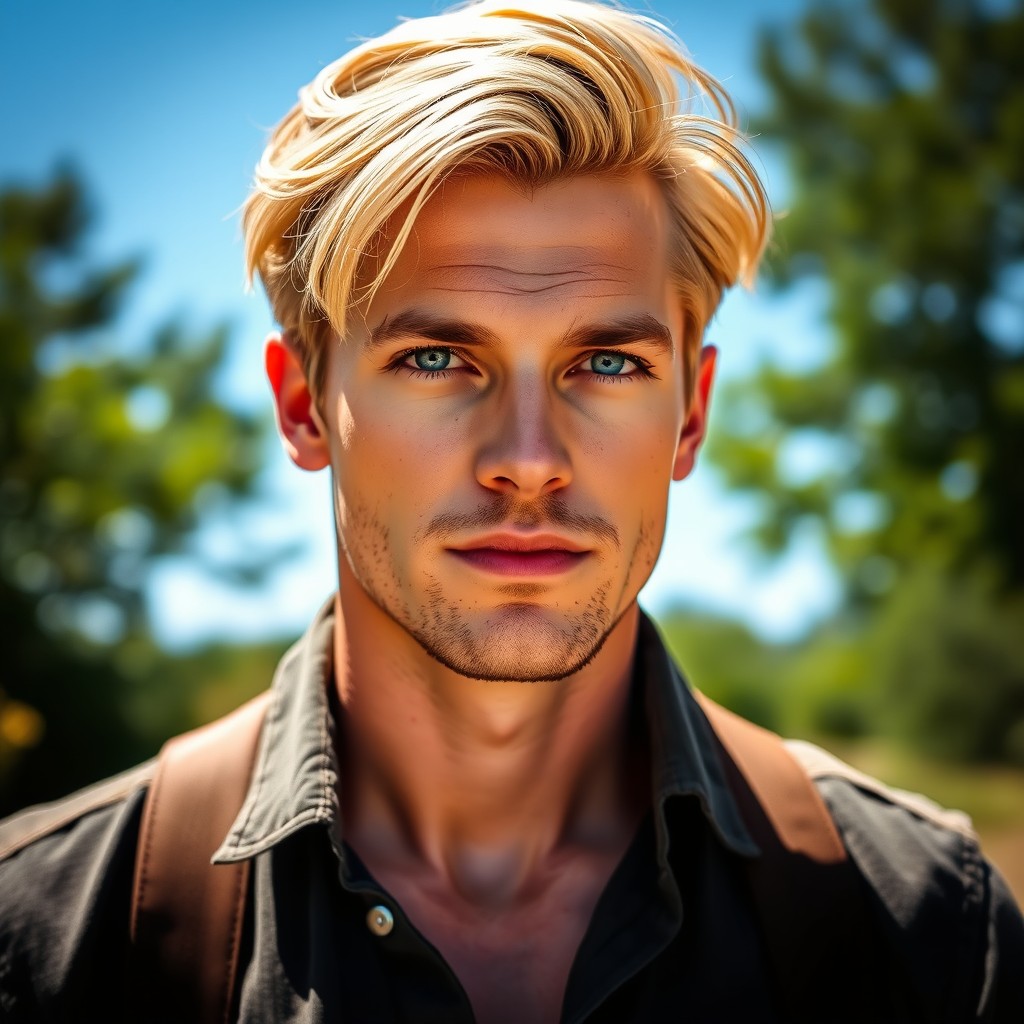 A handsome man with striking blonde hair and captivating blue eyes, exuding charm and confidence