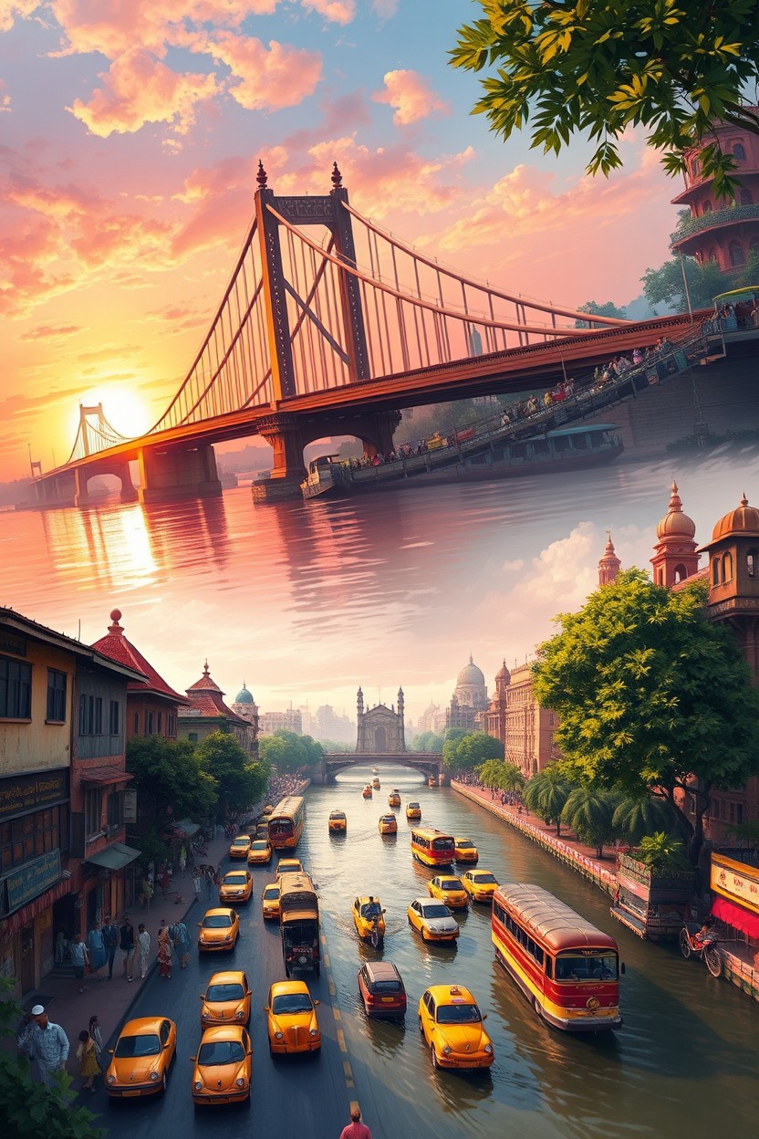A beautiful digital painting showcasing Kolkata, India, from multiple perspectives
