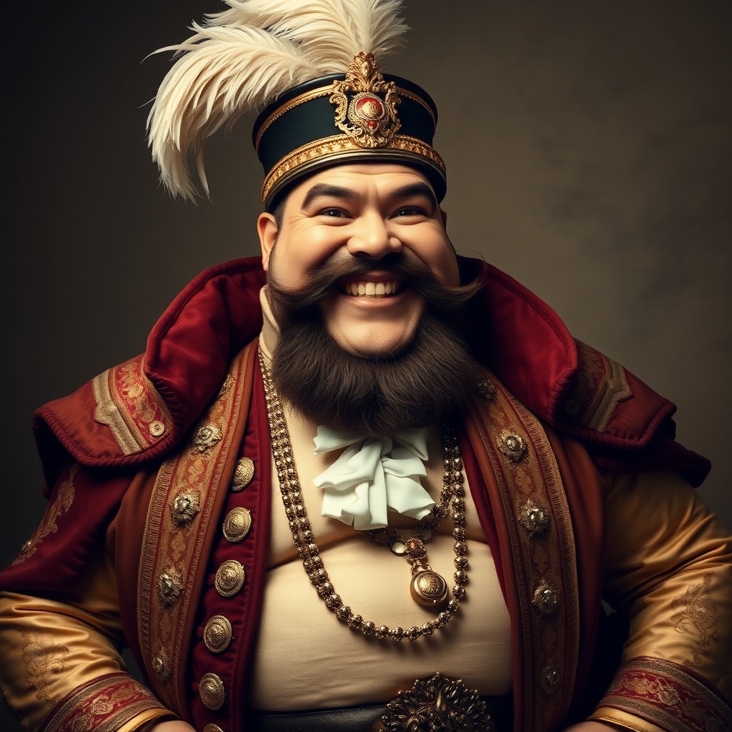 A full-length portrait of a large, confident man dressed in luxurious aristocratic clothing