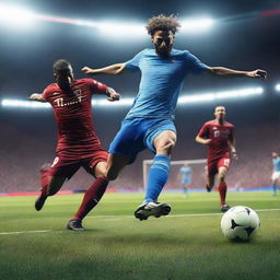 An ultra-realistic 8K image showing the thrilling action of a live football game in progress, capturing the intensity and dynamism of the sport.