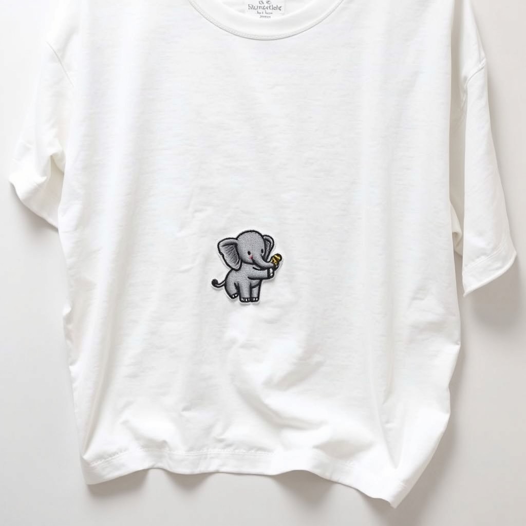 A casual white oversized T-shirt, prominently featuring a small embroidered patch of an adorable elephant on the left side of the chest, near the heart