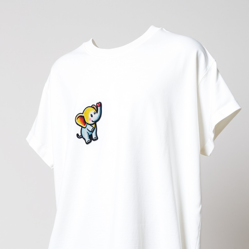 A stylish white oversized T-shirt featuring a vibrant patch of a small, cute elephant located on the left side of the chest, near the heart