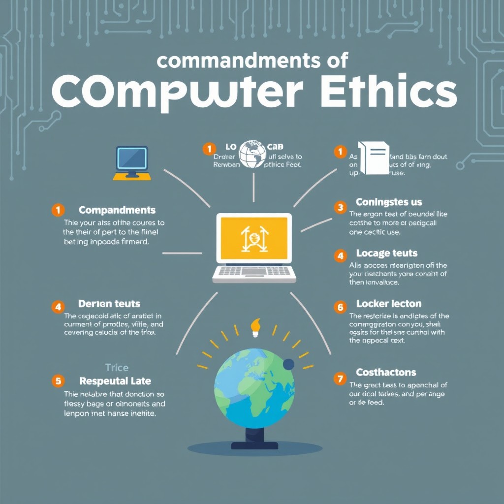 a visually engaging and informative illustration depicting the Commandments of Computer Ethics, designed as a digital artwork