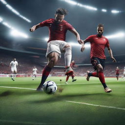 An ultra-realistic 8K image showing the thrilling action of a live football game in progress, capturing the intensity and dynamism of the sport.