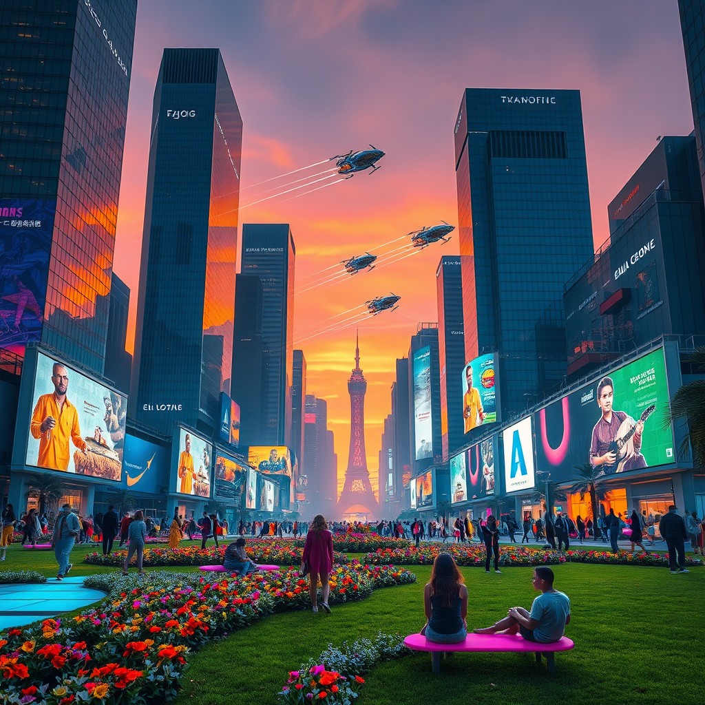 A visually stunning art installation depicting a futuristic cityscape at dusk, featuring sleek skyscrapers with glass and steel structures reflecting the orange and purple hues of the sunset