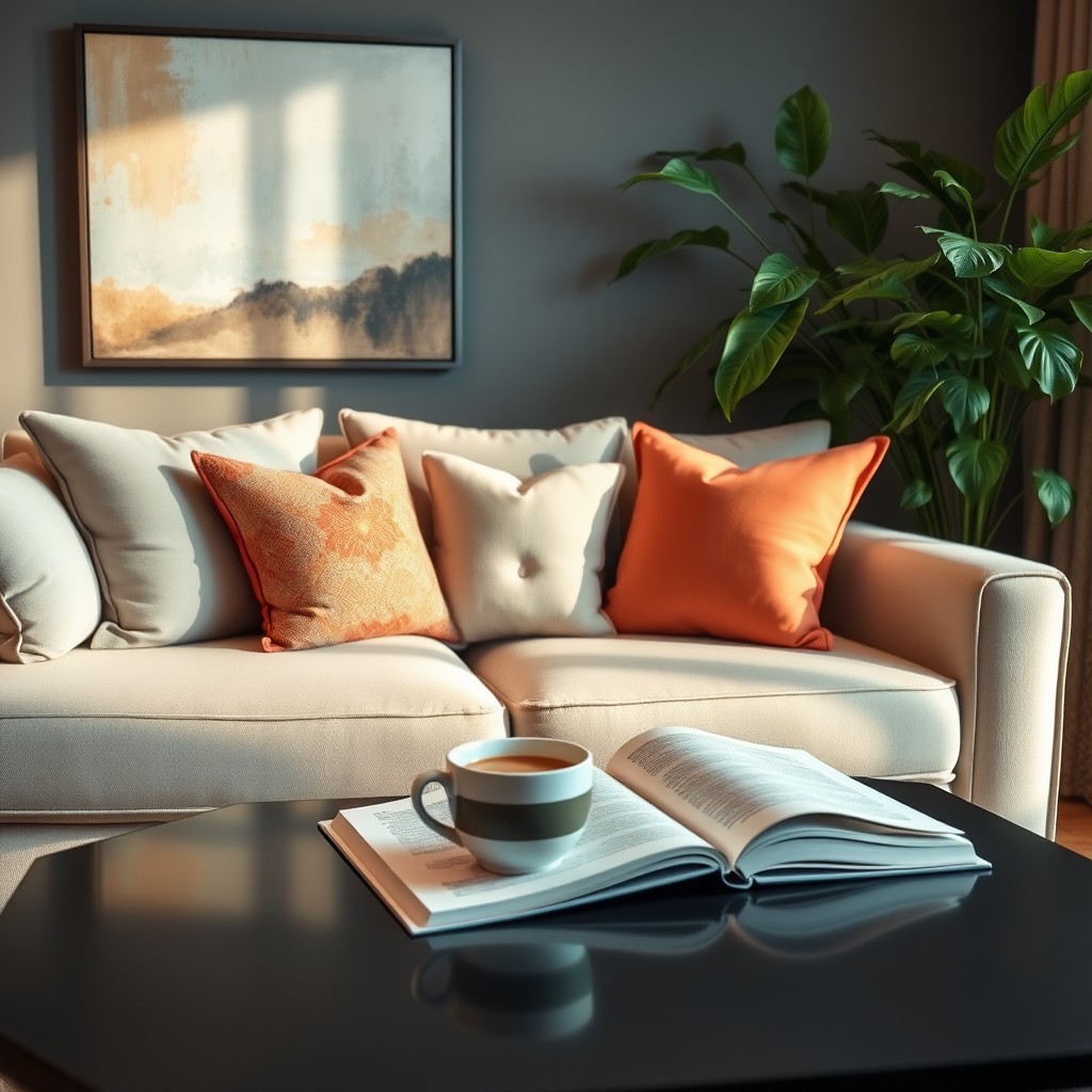 A relaxed, inviting living room scene featuring a beautiful and stylish sofa with plush cushions and elegant decor