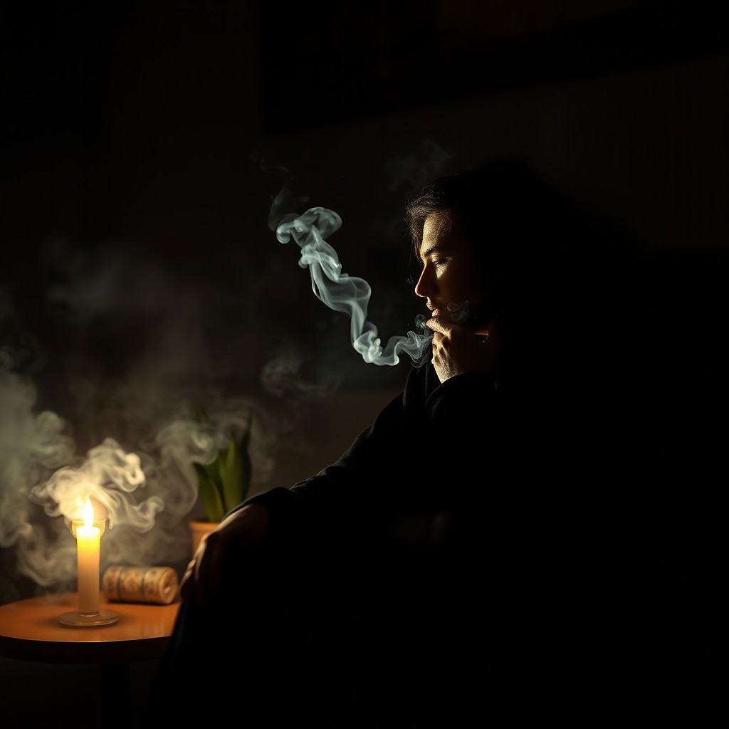 A dramatic and artistic representation of a person sitting in a dimly lit room, deeply absorbed in the act of smoking