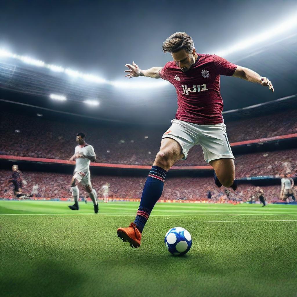 An ultra-realistic 8K image showing the thrilling action of a live football game in progress, capturing the intensity and dynamism of the sport.