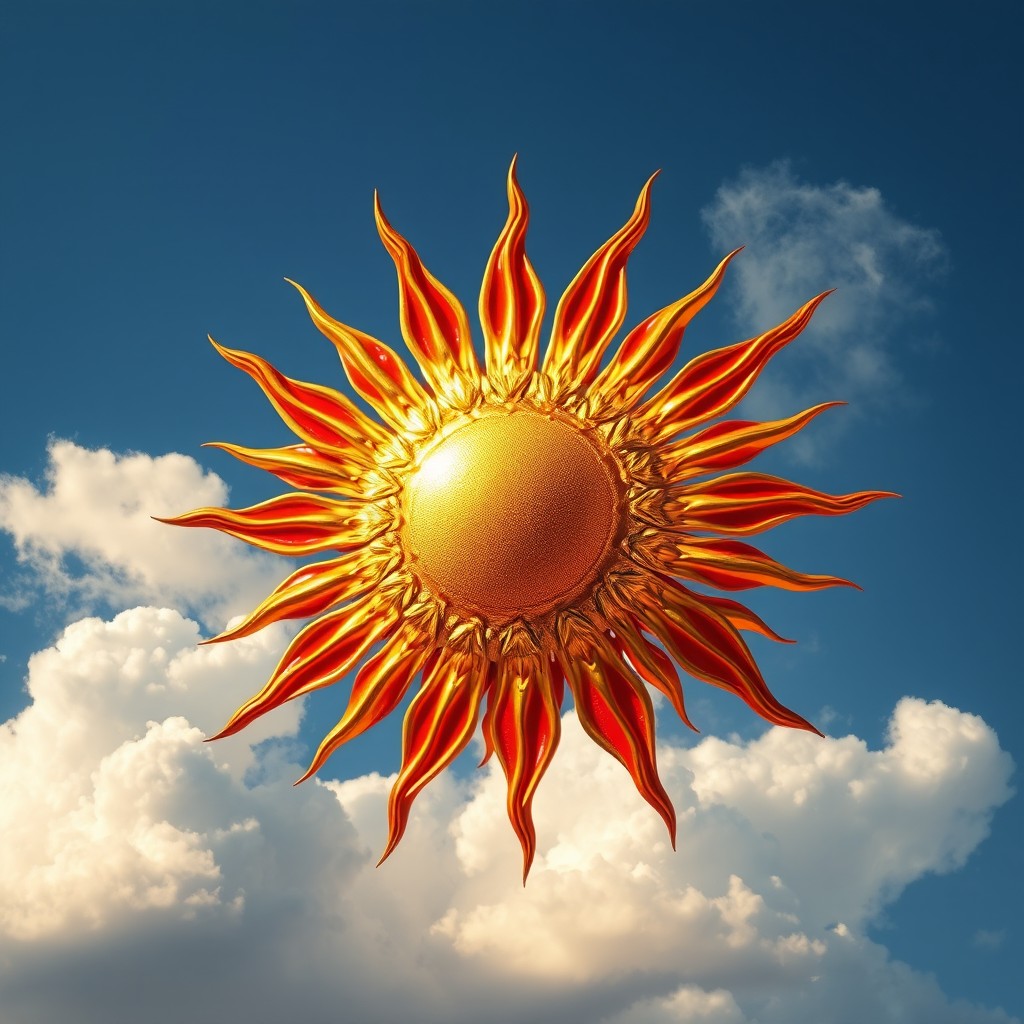A magnificent sun made of solid gold, radiating brilliant red rays against a clear blue sky adorned with fluffy white clouds