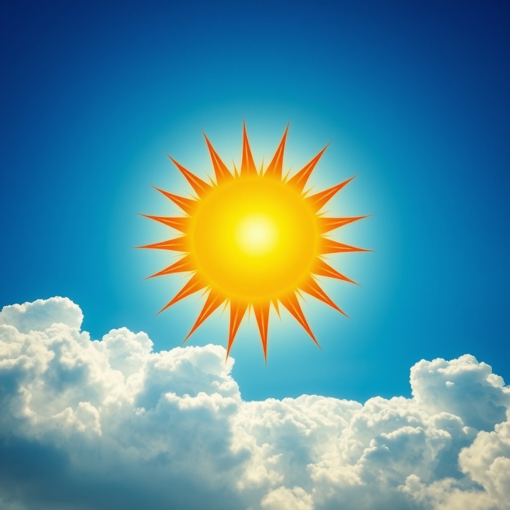 A stunning gold sun with massive rays radiating in vibrant red colors, set against a clear blue sky adorned with fluffy white clouds