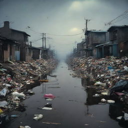 A dimly lit, winding road with sparsely placed homes on the left side, punctuated by a smattering of garbage. A murky canal stretches alongside the road, exuding an aura of desolation.