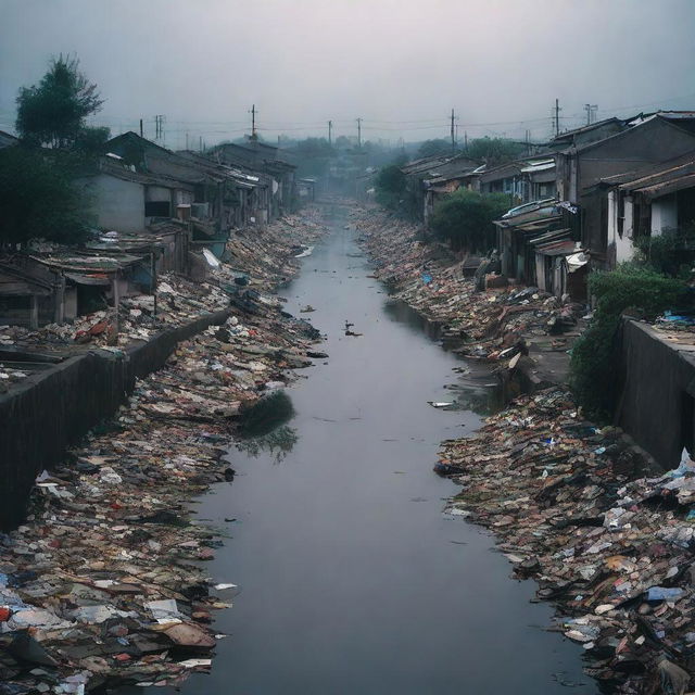 A dimly lit, winding road with sparsely placed homes on the left side, punctuated by a smattering of garbage. A murky canal stretches alongside the road, exuding an aura of desolation.