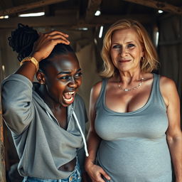 In a dilapidated, run-down shack, a 19-year-old Black African woman exudes a sense of desperation, clutching her head as she screams in fear