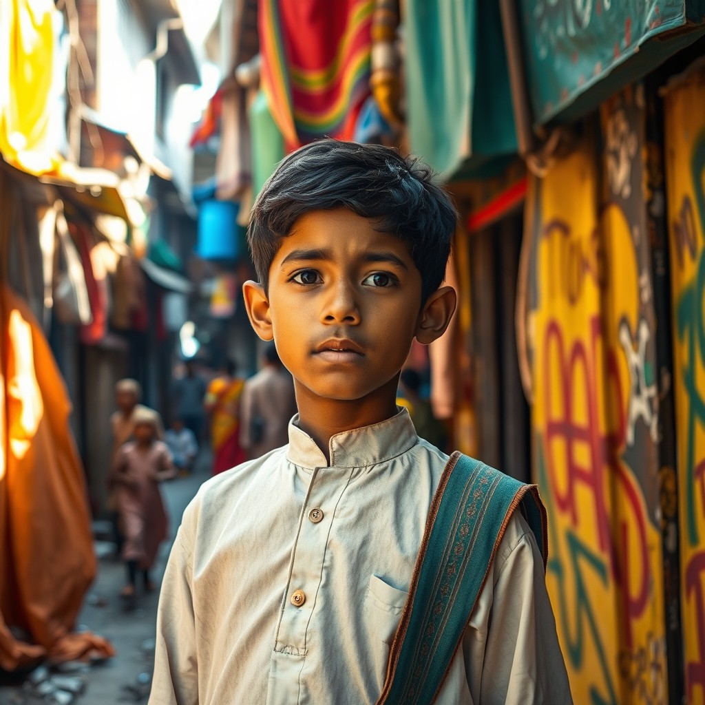 A young Arab boy in an Indian slum environment, showcasing the vibrant yet gritty aesthetic of the surroundings, with colorful makeshift homes and street life bustling around him