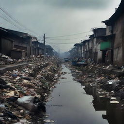 A dimly lit, winding road with sparsely placed homes on the left side, punctuated by a smattering of garbage. A murky canal stretches alongside the road, exuding an aura of desolation.