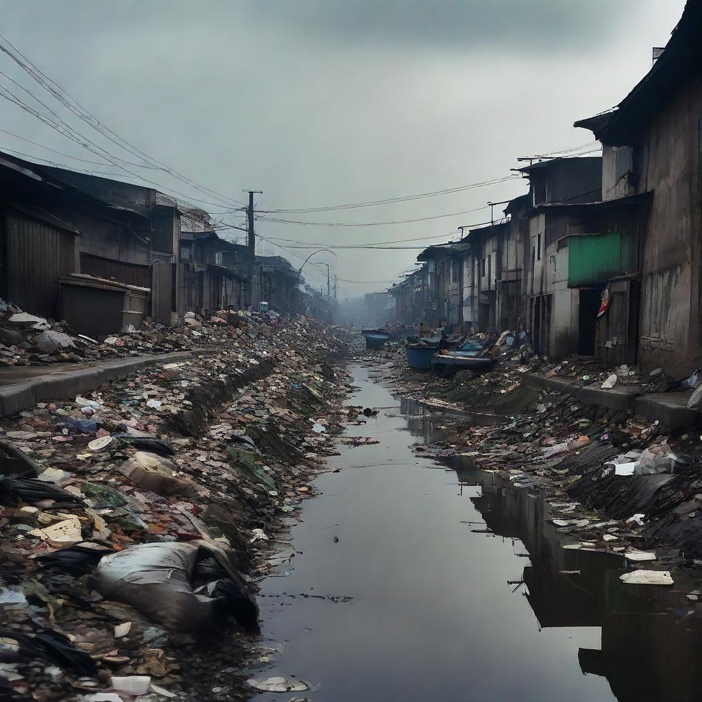 A dimly lit, winding road with sparsely placed homes on the left side, punctuated by a smattering of garbage. A murky canal stretches alongside the road, exuding an aura of desolation.