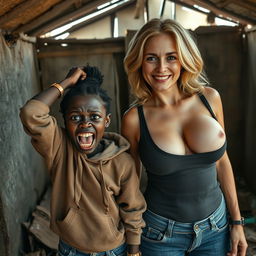 In an abandoned, impoverished shack, a 19-year-old Black African dwarf woman, appearing malnourished and desperate, holds her head in panic