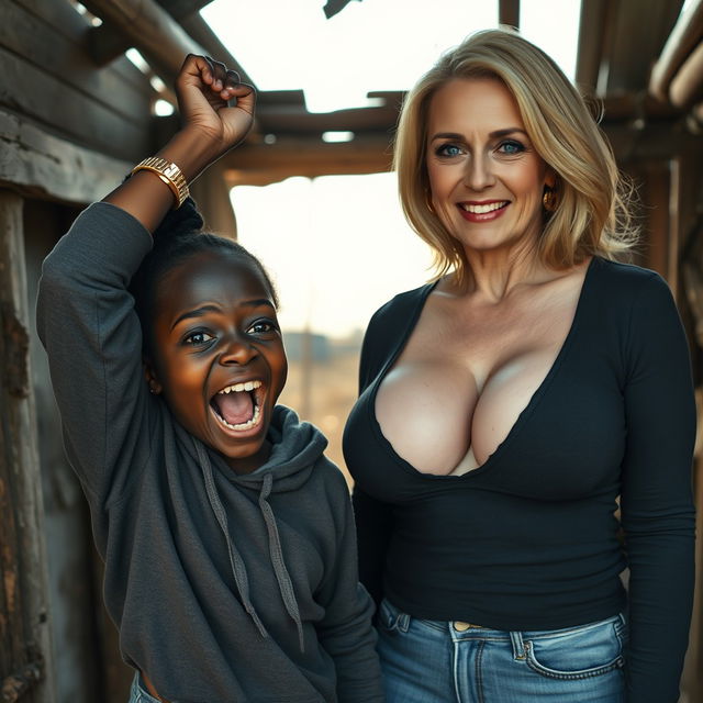 In an abandoned, impoverished shack, a 19-year-old Black African dwarf woman, appearing malnourished and desperate, holds her head in panic