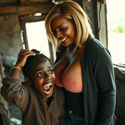 In a dilapidated, impoverished shack, a 19-year-old Black African dwarf woman appears desperate, clutching her head in panic