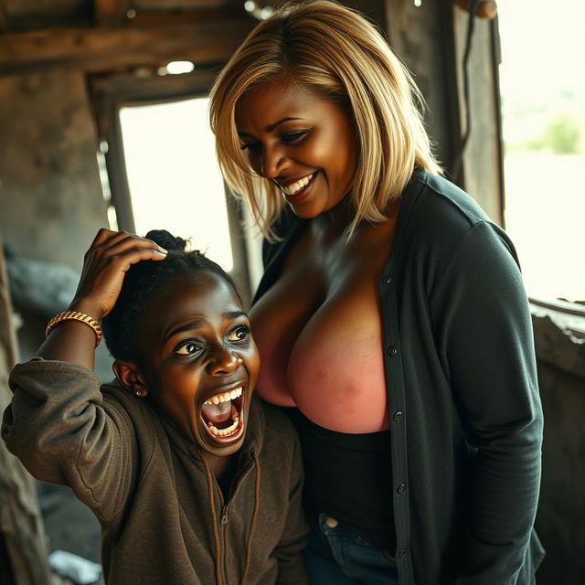 In a dilapidated, impoverished shack, a 19-year-old Black African dwarf woman appears desperate, clutching her head in panic