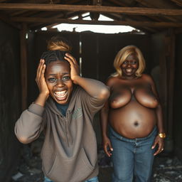 Inside an abandoned, rundown shack, a 19-year-old malnourished African woman with deeply rich black skin is depicted in a state of despair, holding her head with her hands, her wide eyes displaying panic and distress