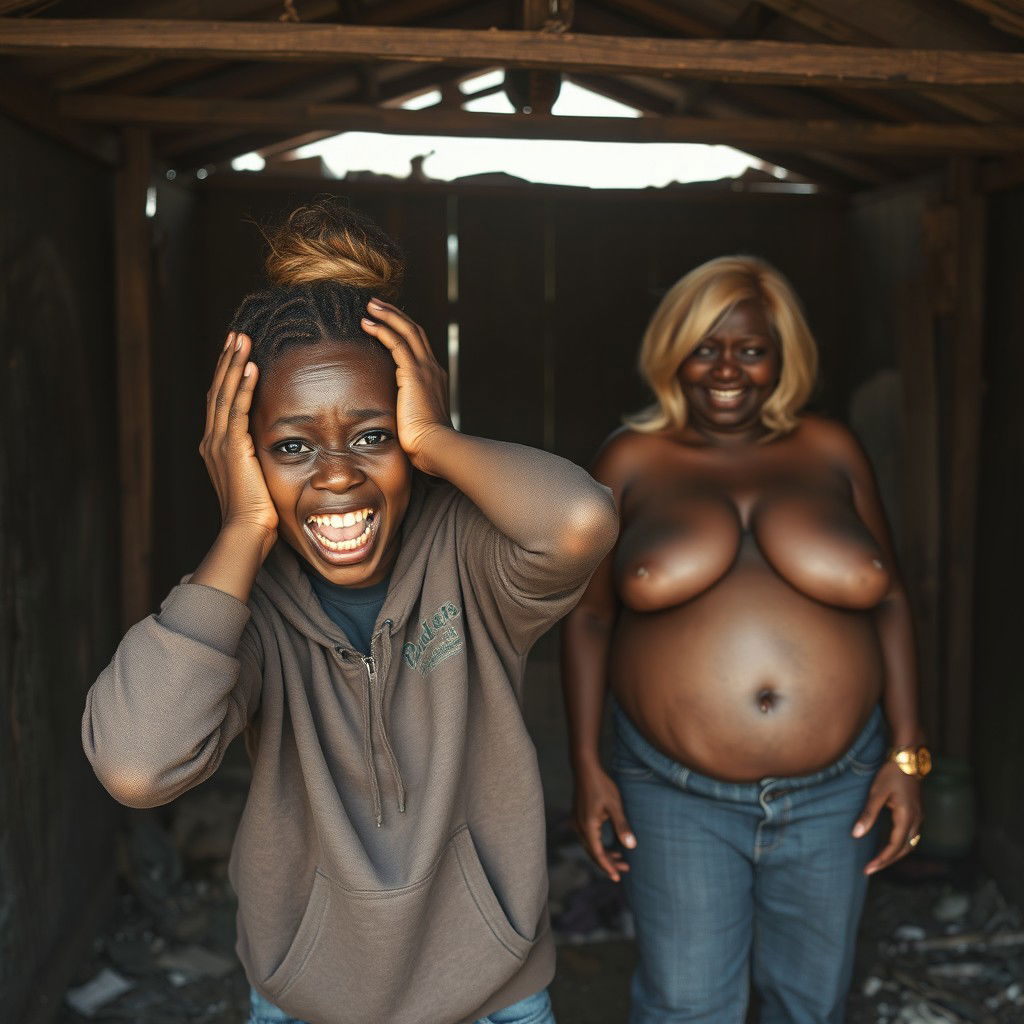 Inside an abandoned, rundown shack, a 19-year-old malnourished African woman with deeply rich black skin is depicted in a state of despair, holding her head with her hands, her wide eyes displaying panic and distress