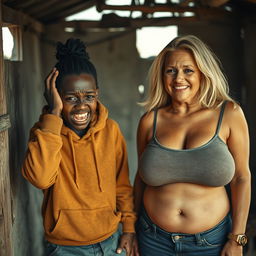 Inside an abandoned, rundown shack, a 19-year-old malnourished African woman with deeply rich black skin is depicted in a state of distress, holding her head with her hands, her wide eyes conveying panic and despair