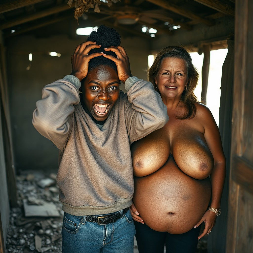 Inside an abandoned, rundown shack, a 19-year-old malnourished African woman with deeply rich black skin is depicted in a state of despair, holding her head with her hands, her wide eyes displaying panic and distress