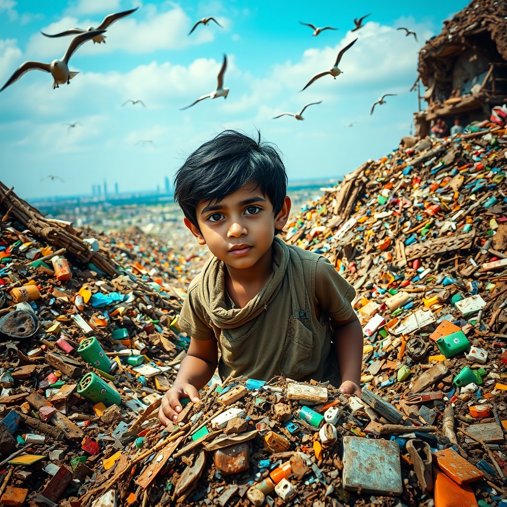 A poignant scene depicting a young Arab boy scavenging through a vibrant and chaotic landfill in India