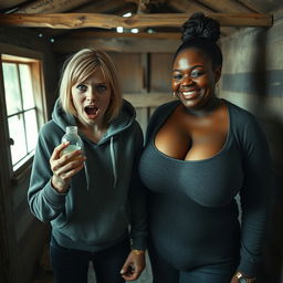 In an abandoned poor shack, a 19-year-old malnourished evil-looking blonde woman of short stature with blue eyes holds a baby bottle, her eyes wide and manic as she screams