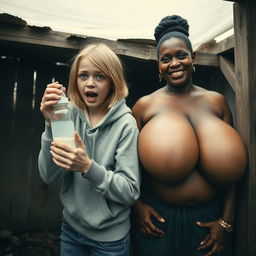 In an abandoned poor shack, a 19-year-old malnourished evil-looking blonde woman of short stature with blue eyes holds a baby bottle, her eyes wide and manic as she screams