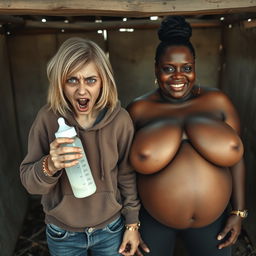 In an abandoned poor shack, a 19-year-old malnourished evil-looking blonde woman of short stature with blue eyes holds a baby bottle, her eyes wide and manic as she screams