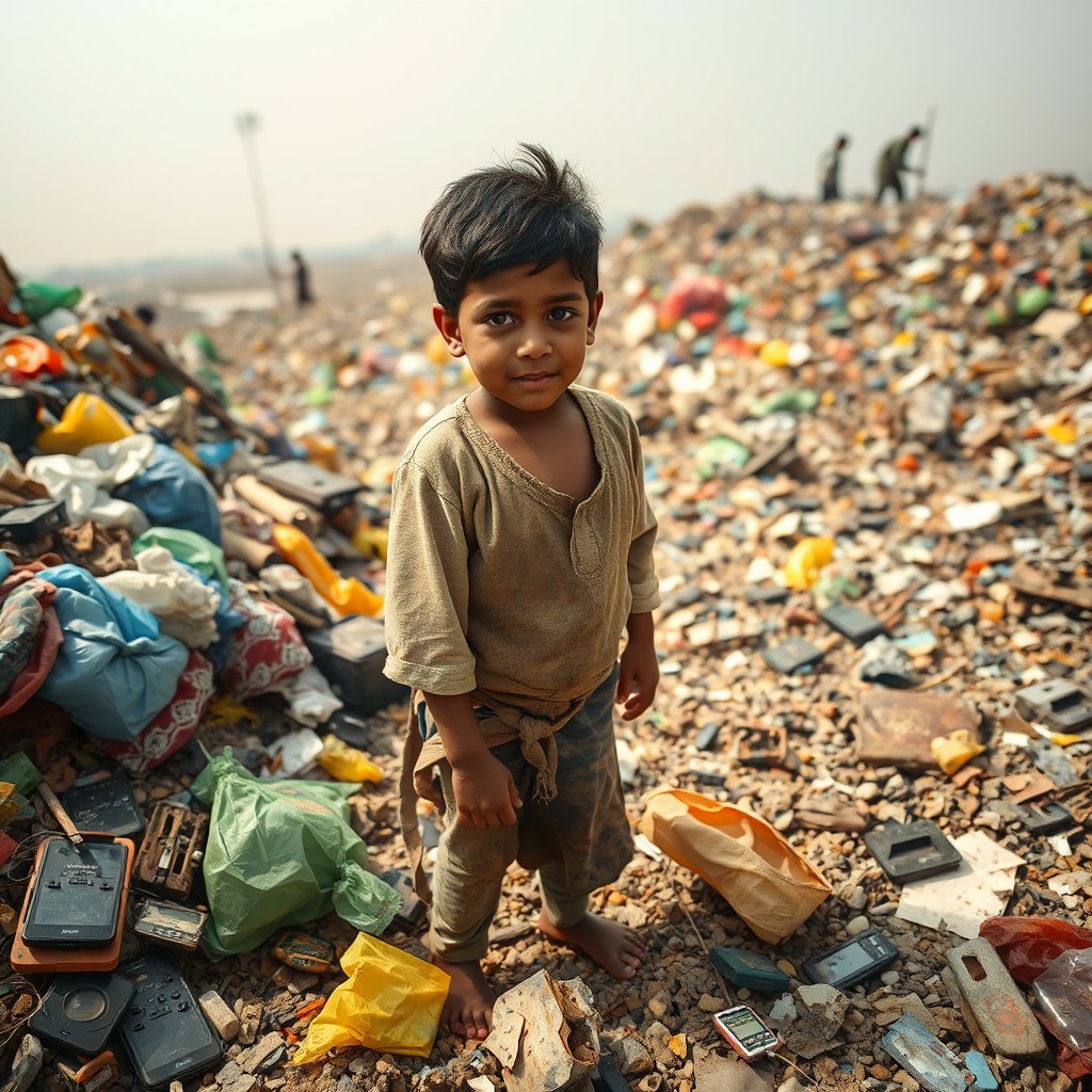 A poignant scene of a young Arab boy scavenging in a large Indian landfill, surrounded by heaps of discarded waste