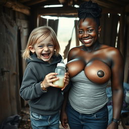 In an abandoned poor shack, a 19-year-old malnourished evil-looking blonde dwarf with blue eyes holds a baby bottle, her eyes wide and manic as she screams and smiles